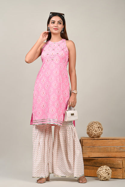 Pink Perl Straight Kurti and Sharara Set