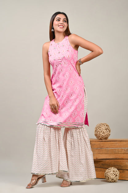 Pink Perl Straight Kurti and Sharara Set