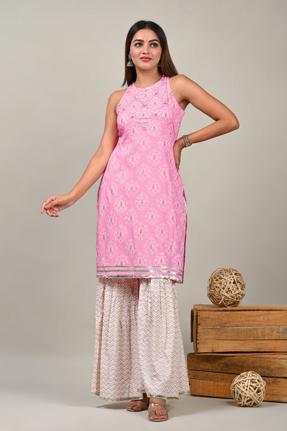 Pink Perl Straight Kurti and Sharara Set