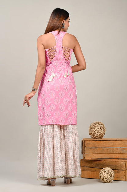 Pink Perl Straight Kurti and Sharara Set